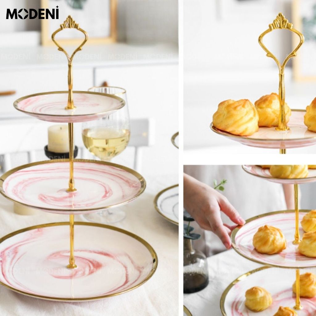 Khay Đựng Bánh Kẹo Pylu Sứ Tráng Men Vân Đá Cao Cấp Viền Vàng| Khay 2 tầng - 3 tầng | Hàn Quốc Sang Trọng