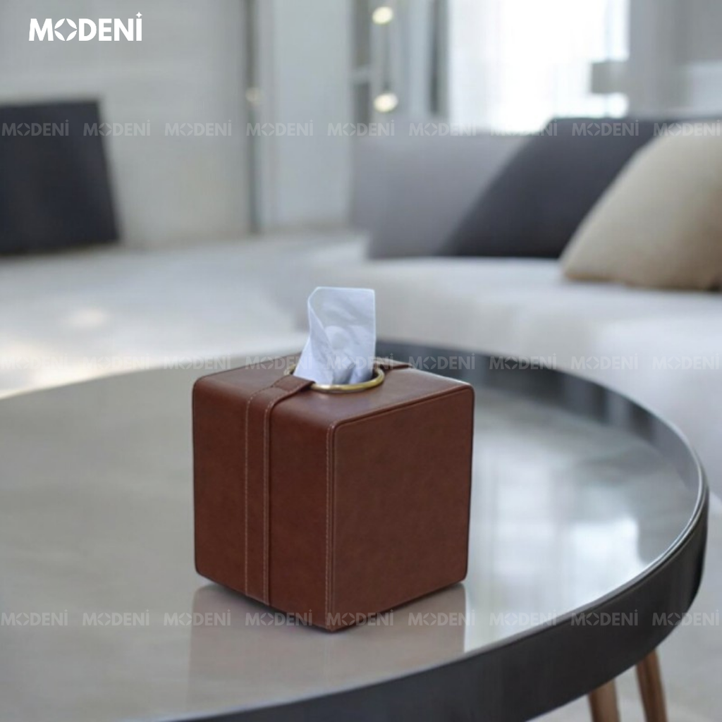 Hộp Khăn Giấy Carla Luxe Cao Cấp – Da Nâu Cổ Sang Trọng, Viền Ánh Vàng – Điểm Nhấn Bàn Trà Hiện Đại