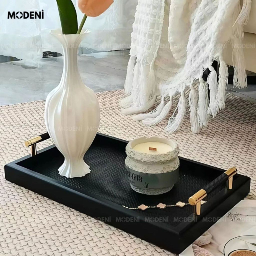 Khay Trang Trí Đen Blacky cao cấp – Tay cầm kim loại, phong cách hiện đại