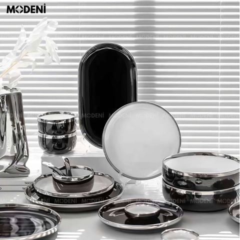 Bộ chén đĩa Adelaide Đen sứ tráng cao cấp – thiết kế đen ánh bạc sang trọng