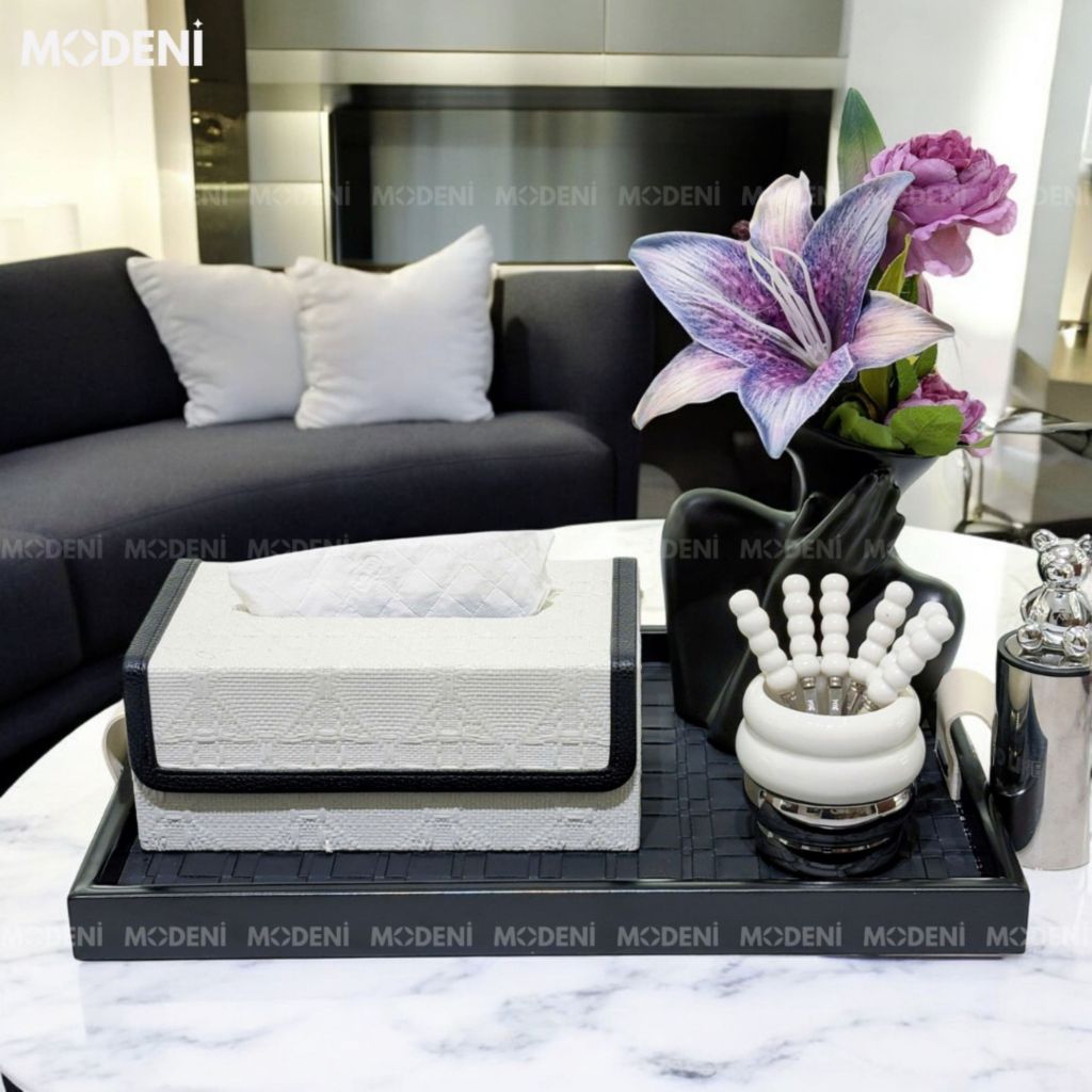 Khay Chữ Nhật Keva Đen Cao Cấp – Tay Cầm Kem Lạ Mắt - Khay Decor Bàn Sofa Sang Trọng