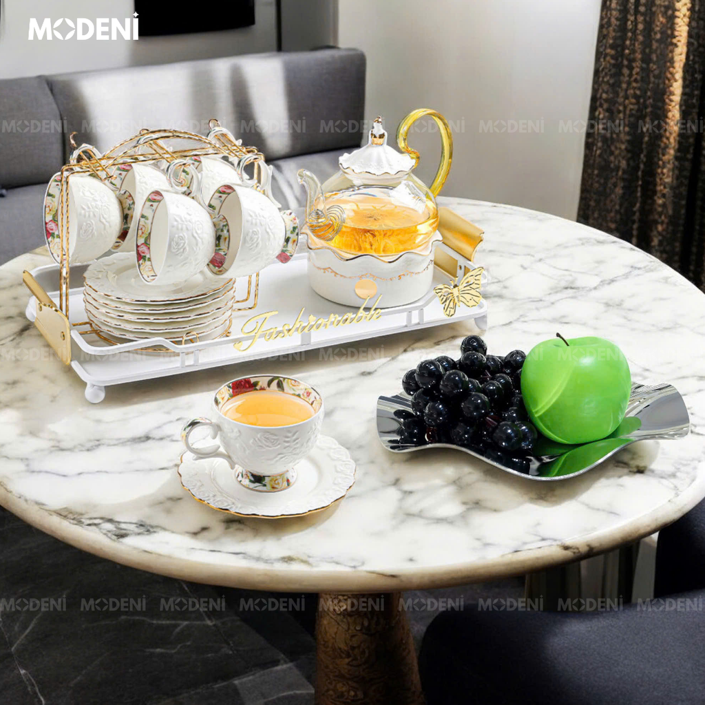 Bộ Ấm Trà Alice Sứ Tráng Men/Thủy Tinh Cao Cấp Kèm Khay Đựng Đế Nến Giữ Nhiệt Sang Trọng Phong Cách Châu Âu