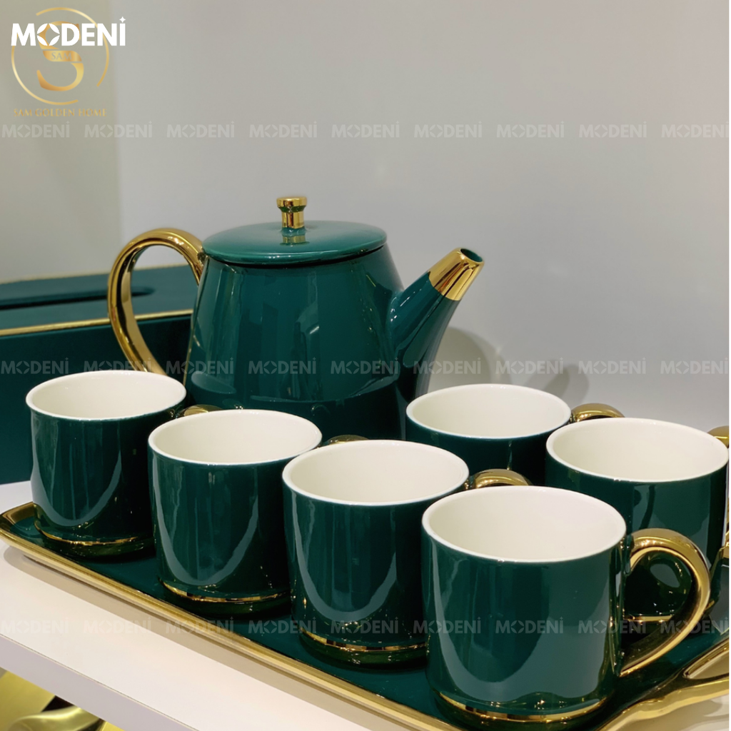 Bộ Ấm Trà Tobi Gốm Sứ Cao Cấp Kèm Khay Đựng Màu Xanh Emerald Sang Trọng Viền Vàng Phong Cách Châu Âu