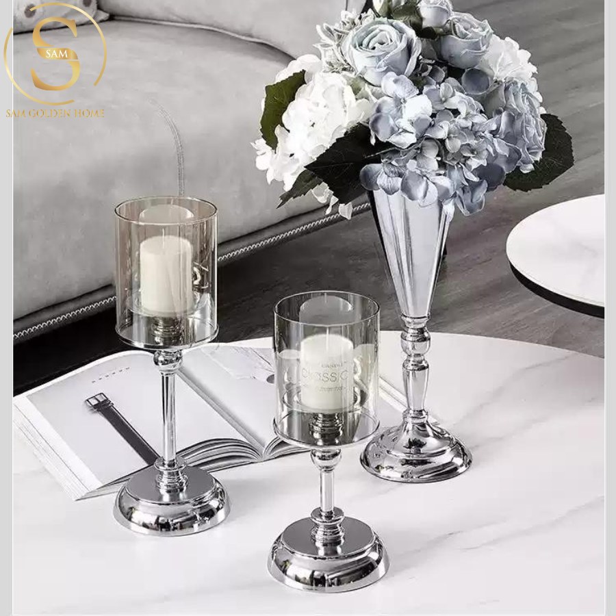 Set 3 Chân Nến Thủy Tinh Silver Retage Cổ Điển Châu Âu Sang Trọng