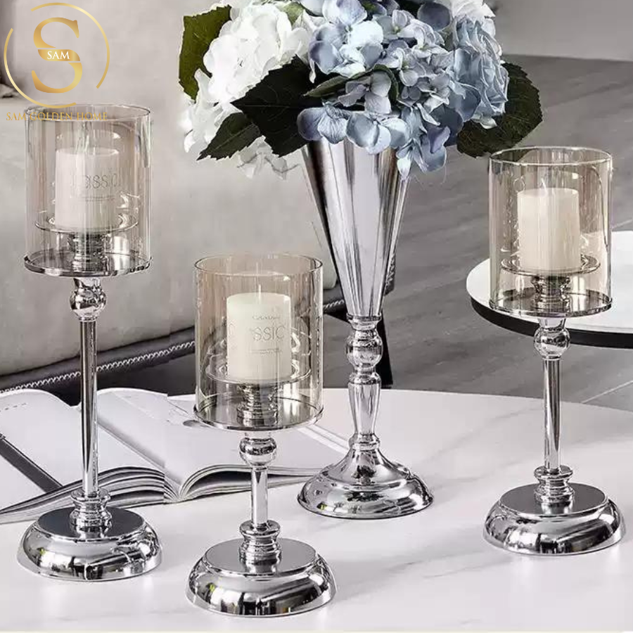 Set 3 Chân Nến Thủy Tinh Silver Retage Cổ Điển Châu Âu Sang Trọng