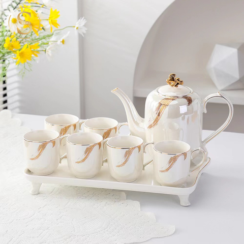  Bộ Bình Trà Gold Dust Sứ Xương Cao Cấp Sang Trọng | Kèm Khay | Kèm Giá Treo Tách 