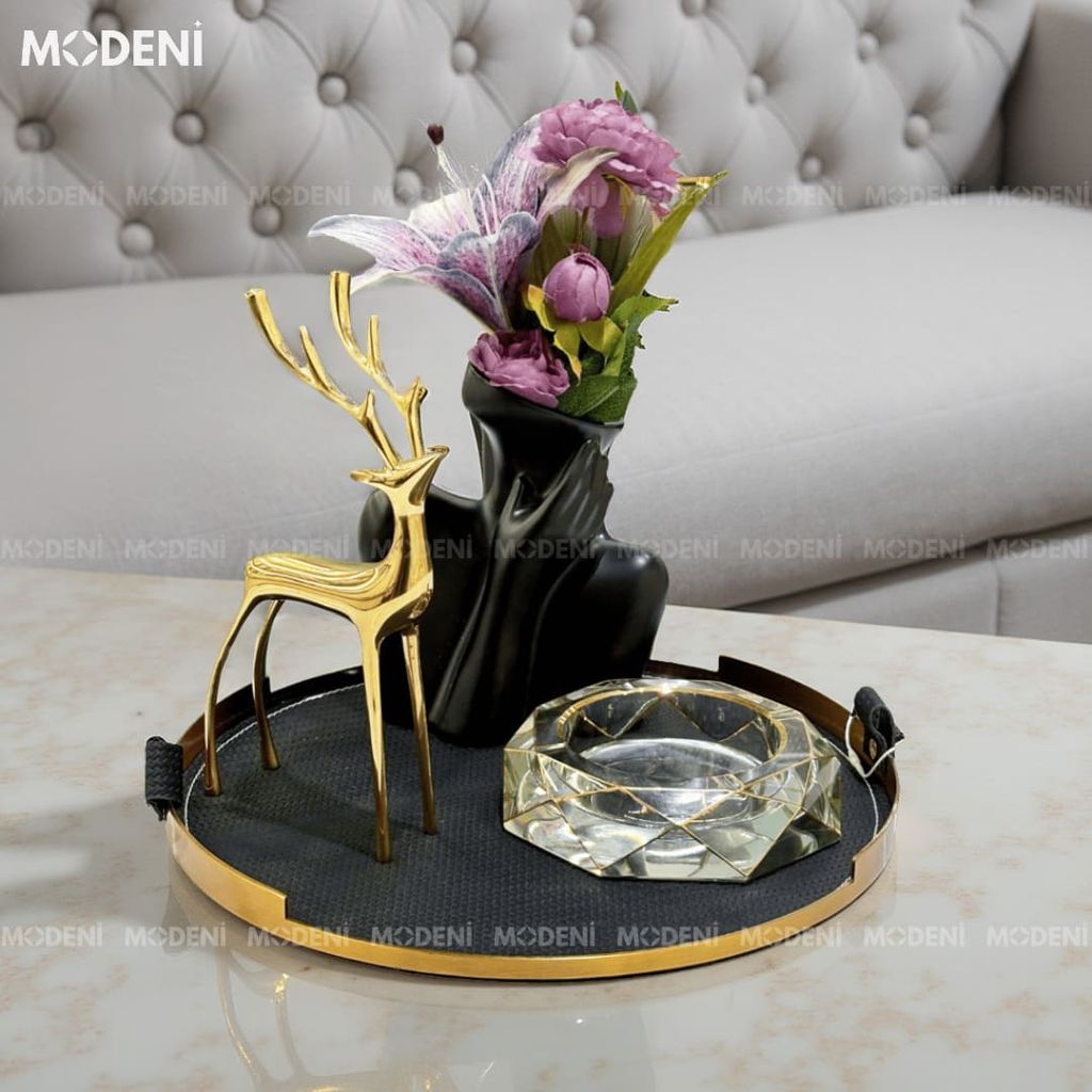 Khay Tròn Basil Cao Cấp – Kim Loại Phối Da Decor Bàn Sofa Sang Trọng – Dành Cho Phòng Khách Hiện Đại