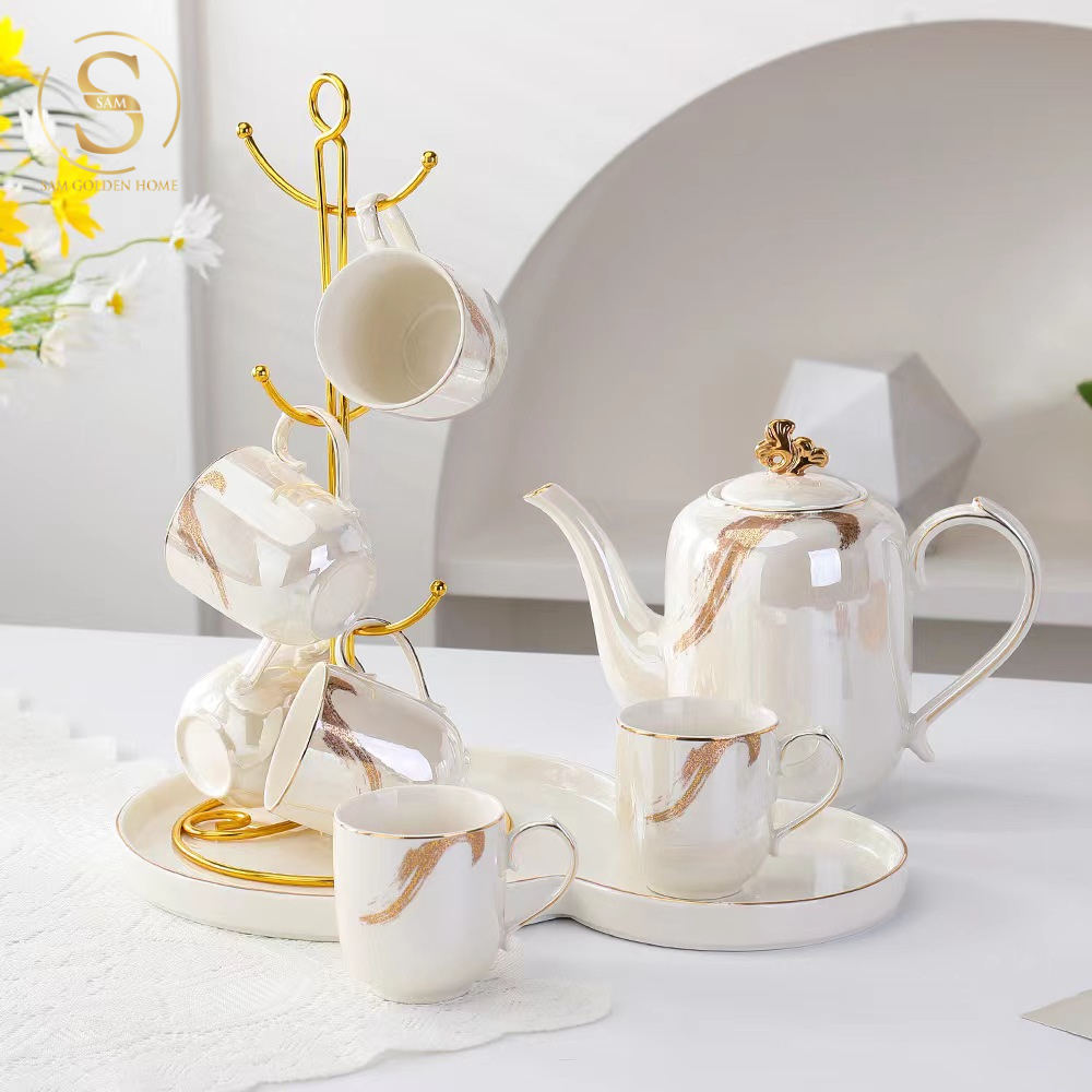 Bộ Bình Trà Gold Dust Sứ Xương Cao Cấp Sang Trọng | Kèm Khay | Kèm Giá Treo Tách