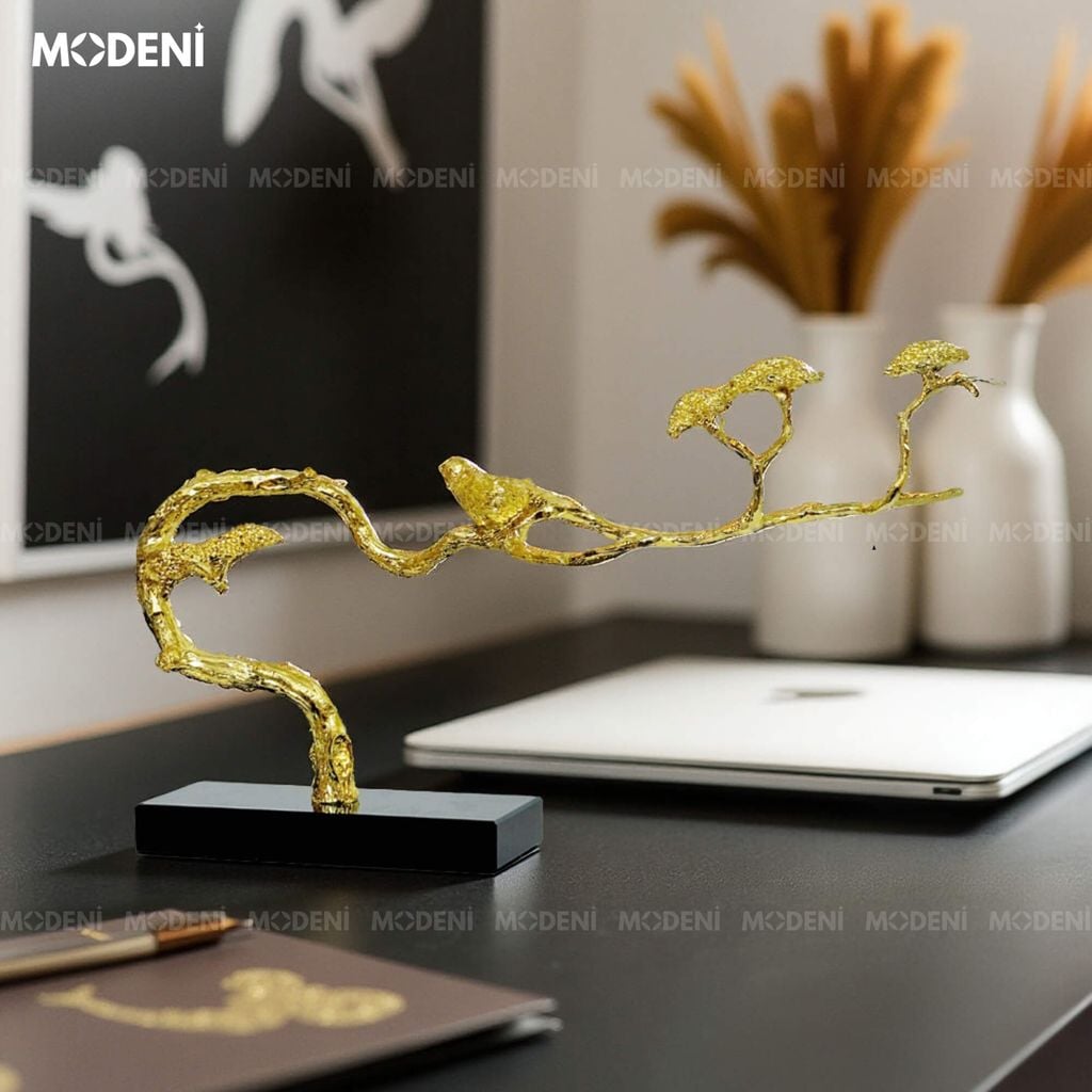 Tượng Nhánh Cây Alyssum Bonsai Cao Cấp – Chim Đậu Cành Vàng Decor Hiện Đại Sang Trọng