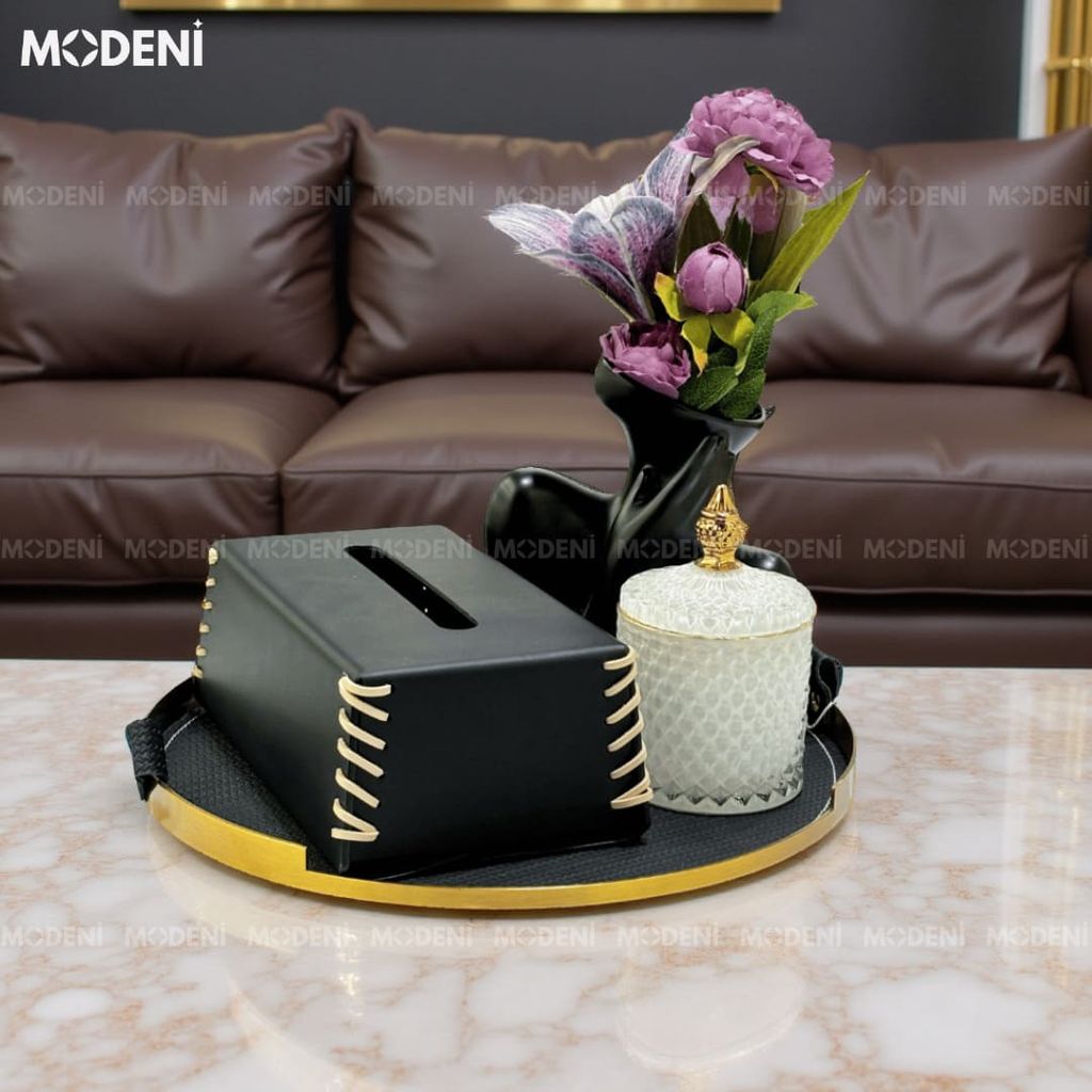 Khay Tròn Basil Cao Cấp – Kim Loại Phối Da Decor Bàn Sofa Sang Trọng – Dành Cho Phòng Khách Hiện Đại