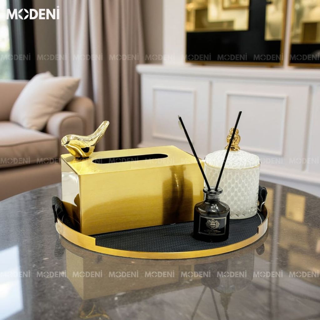 Khay Tròn Basil Cao Cấp – Kim Loại Phối Da Decor Bàn Sofa Sang Trọng – Dành Cho Phòng Khách Hiện Đại