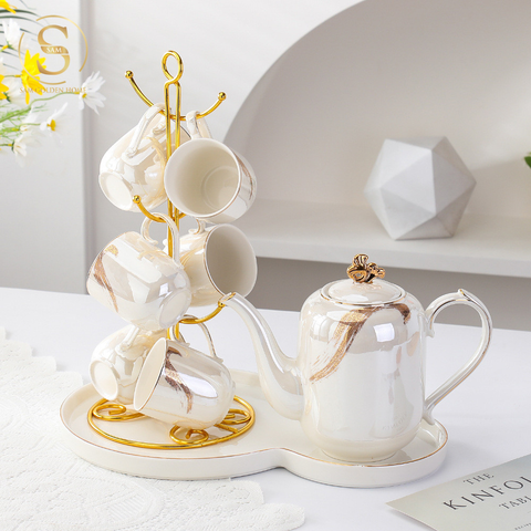  Bộ Bình Trà Gold Dust Sứ Xương Cao Cấp Sang Trọng | Kèm Khay | Kèm Giá Treo Tách 