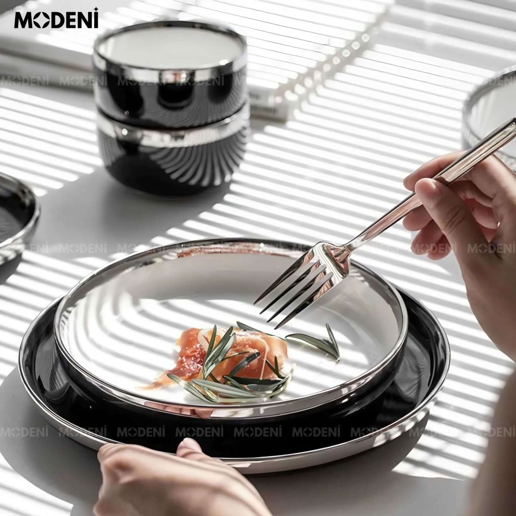 Bộ chén đĩa sứ Adelaide đen cao cấp – Men 3 lớp an toàn, decor đẳng cấp bàn ăn hiện đại