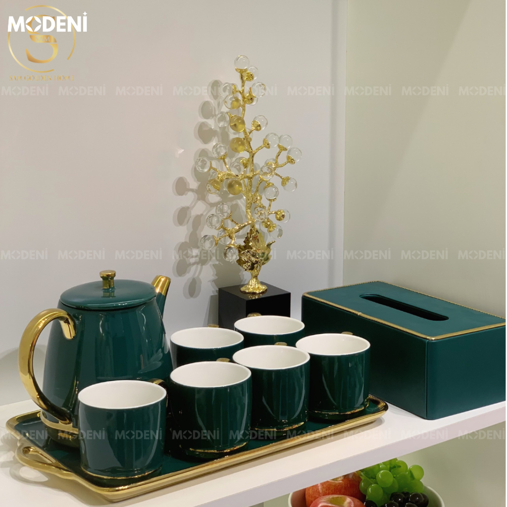 Bộ Ấm Trà Tobi Gốm Sứ Cao Cấp Kèm Khay Đựng Màu Xanh Emerald Sang Trọng Viền Vàng Phong Cách Châu Âu