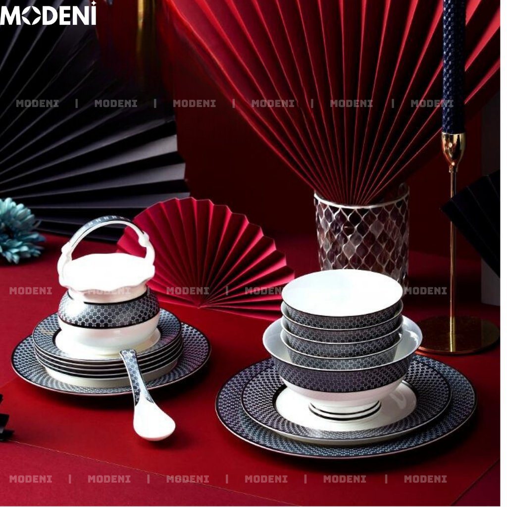 Bộ Chén Đĩa Sứ Xương Hailey Cao Cấp Viền Đen Họa Tiết Lưới Sang Trọng - Cho Bàn Ăn Hiện Đại & Tiếp Khách