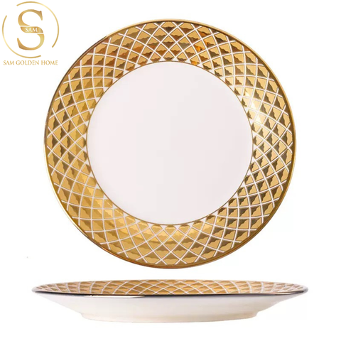  Đĩa Sứ Tráng Men Glatrix Viền Vàng Hoa Văn Diamond Châu Âu Sang Trọng 