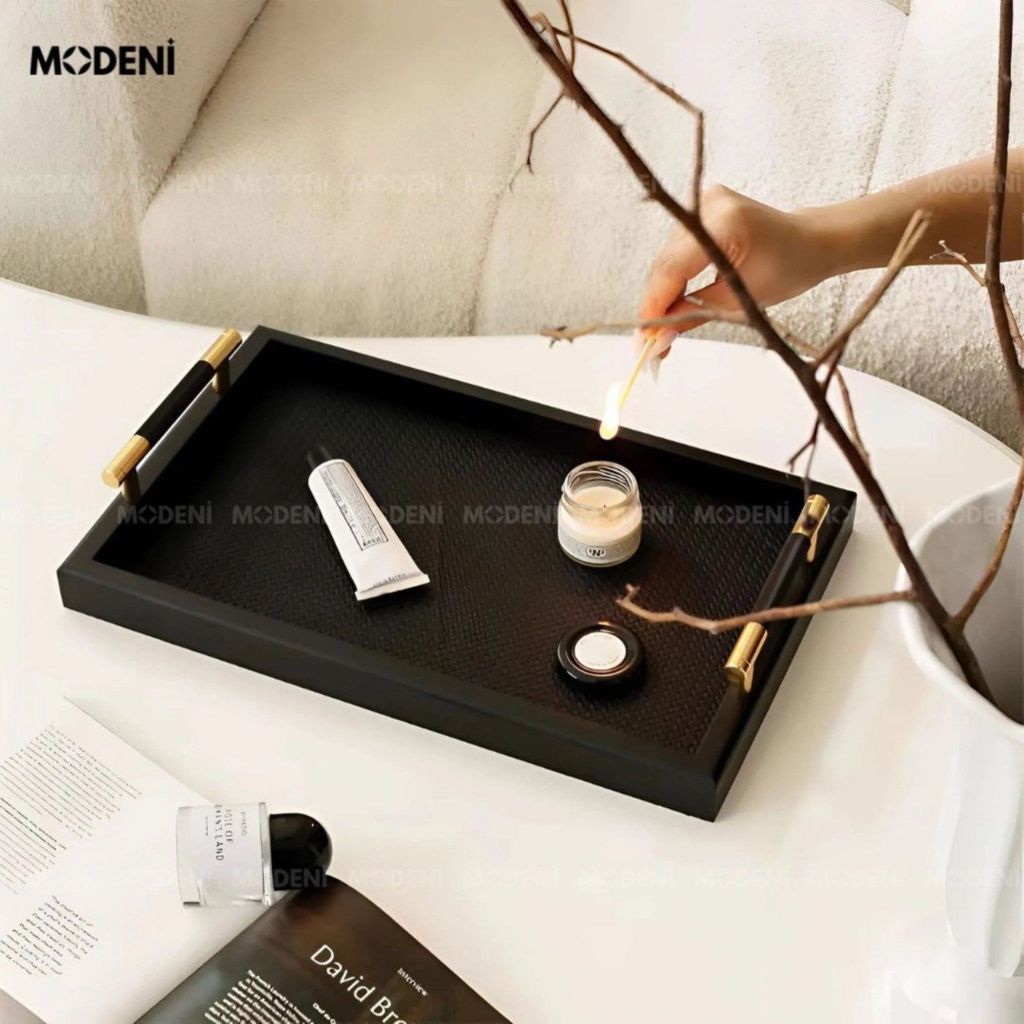 Khay Trang Trí Đen Blacky cao cấp – Tay cầm kim loại, phong cách hiện đại
