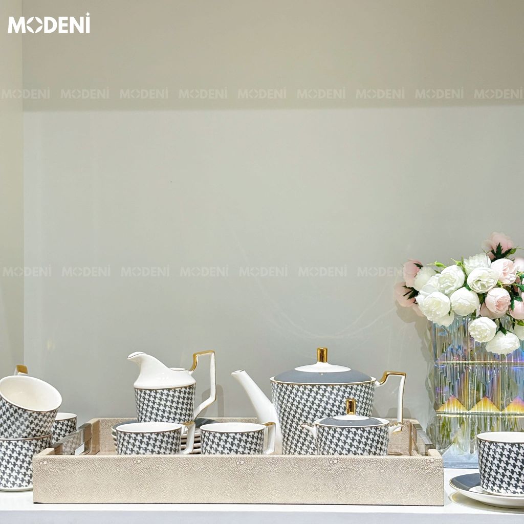 Khay Da Godiva Trắng Xám Cao Cấp – Tay Cầm Acrylic Vàng Kim Hiện Đại, Decor Bàn Trà Hiện Đại Sang Trọng