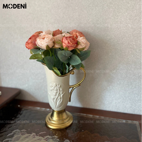 Bình hoa sứ Gold Gratia cao cấp tone trắng – vàng cổ điển