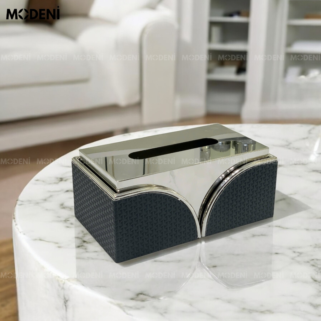 Hộp Khăn Giấy Hilary Cao Cấp – Kim Loại Phối Da Xám – Thiết Kế Sang Trọng Cho Bàn Sofa, Văn Phòng, Khách Sạn Hiện Đại