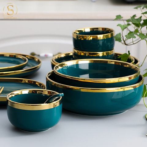  Bộ Tô Chén Đĩa Hàn Quốc Sứ Cao Cấp Emerald Viền Vàng Gold Xanh Lục Bảo Xanh Cổ Vịt Sang Trọng Hàng Có Sẵn 