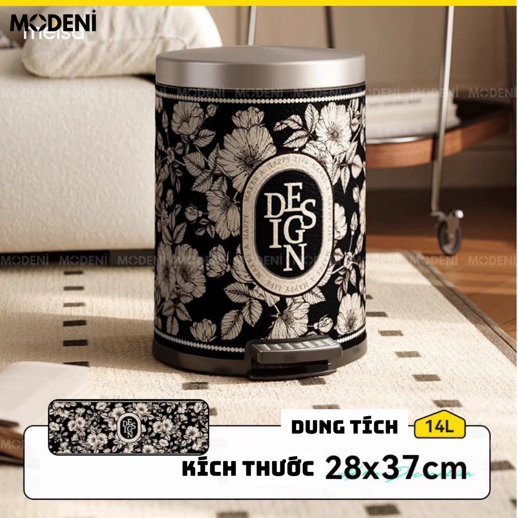 Thùng Rác Có Nắp Denis Họa Tiết Hoa – Thùng Rác Da Cao Cấp Decor Sang Trọng – Dung Tích 14L, Phù Hợp Phòng Khách, Văn Phòng
