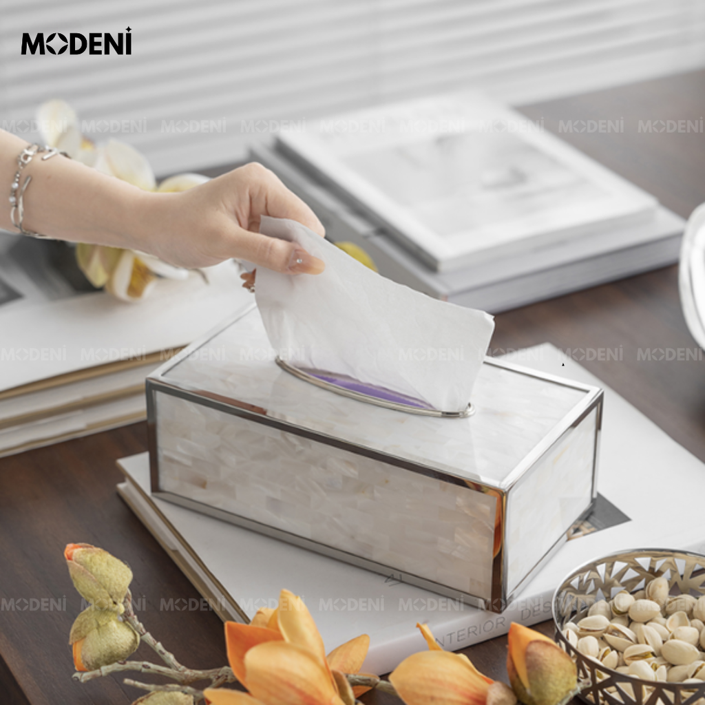 Hộp Khăn Giấy Stonegate Decor Cao Cấp Ánh Bạc Xà Cừ – Tinh Tế & Sang Trọng – Phù Hợp Decor Bàn Làm Việc, Kệ Tủ