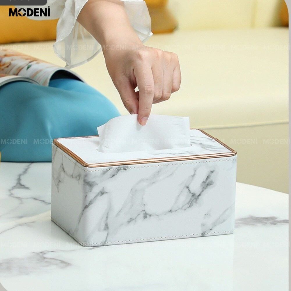 Hộp khăn giấy Sapi Trắng Vân Đá Da PU cao cấp hiện đại cho phòng khách và văn phòng Trọng