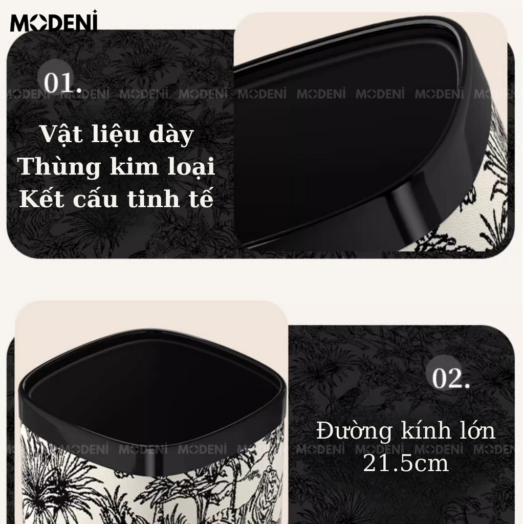 Thùng Rác Edward Đen – Thùng Rác Decor Hiện Đại – Họa Tiết Nhiệt Đới Tinh Tế – Dung Tích 12L, Phù Hợp Phòng Khách/Phòng Làm Việc