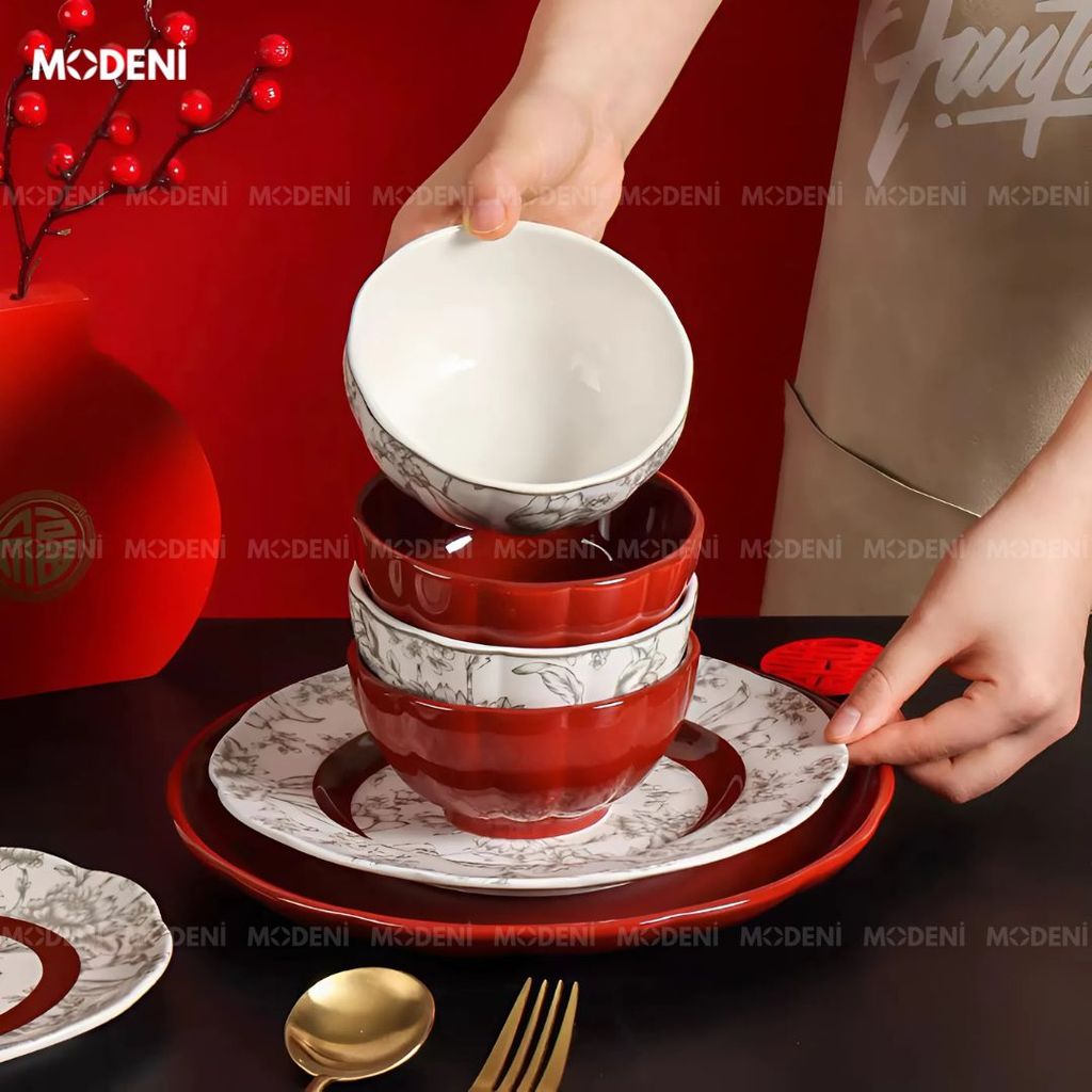 Bộ Chén Đĩa Briona Cao Cấp – Bát Đĩa Sang Trọng Phối Đỏ Rượu Vang – Phù Hợp Bàn Ăn Gia Đình Hiện Đại