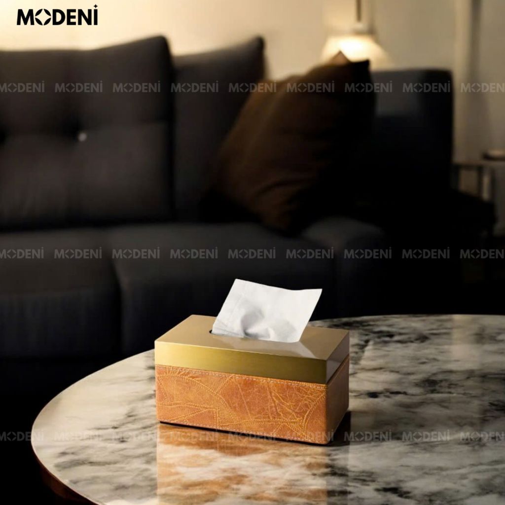 Hộp khăn giấy Tangeri da nhân tạo vân nổi cao cấp phối kim loại champagne gold sang trọng hiện đại cho phòng ngủ và bàn ăn