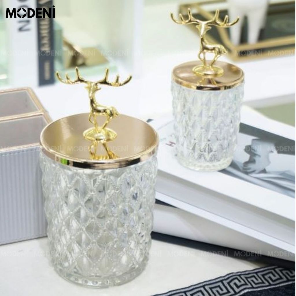 Set 2 Lọ Đựng Kẹo Thuỷ Tinh Patronus Cao Cấp – Nắp Tuần Lộc Mạ Vàng, Sang Trọng, Dùng Decor & Bàn Tiệc