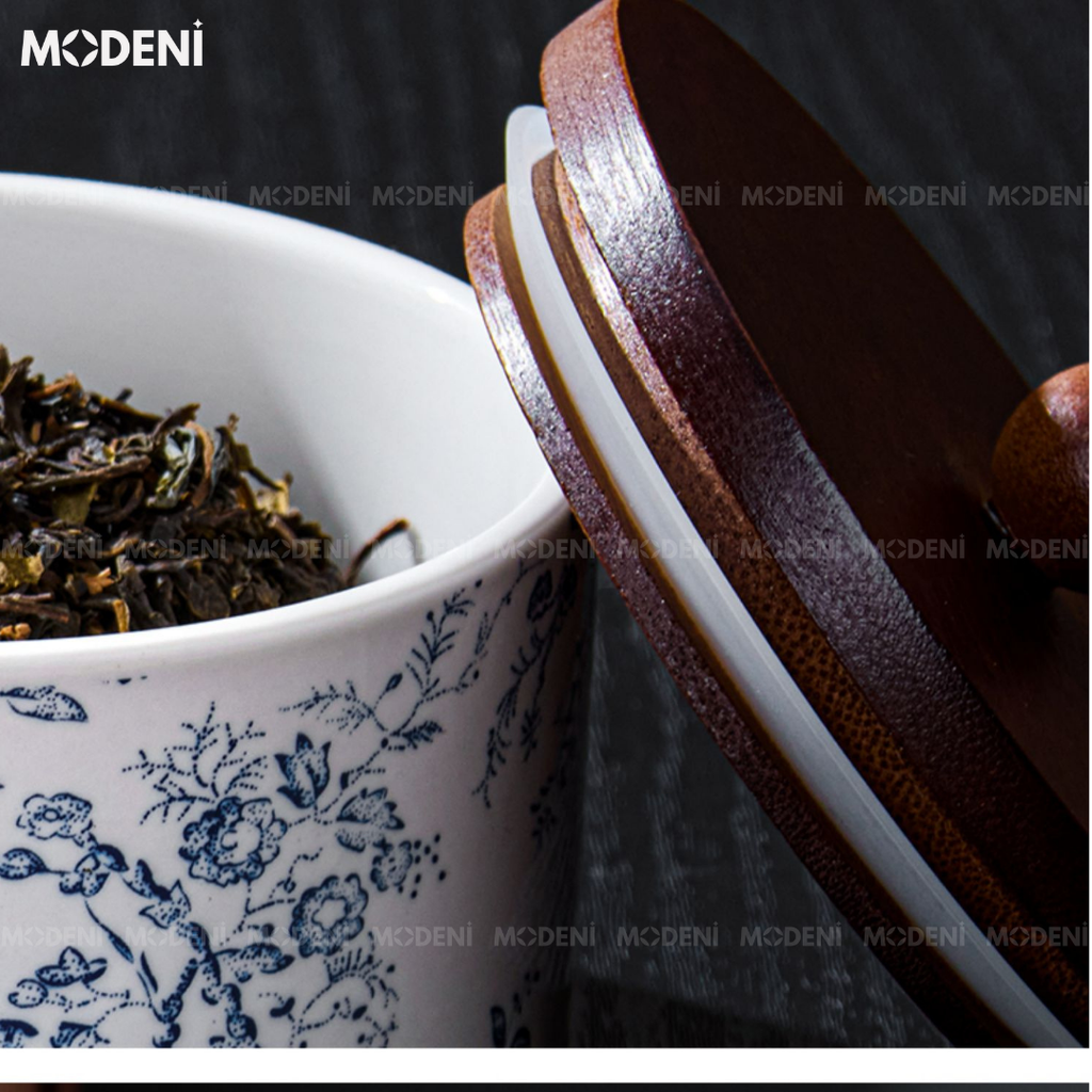 Lọ Đựng Palm Màu Xanh – Hũ Sứ Nắp Gỗ Sang Trọng – Giữ Mùi Kín – Kích Thước Gọn Gàng Phù Hợp Decor hoặc Đựng Trà