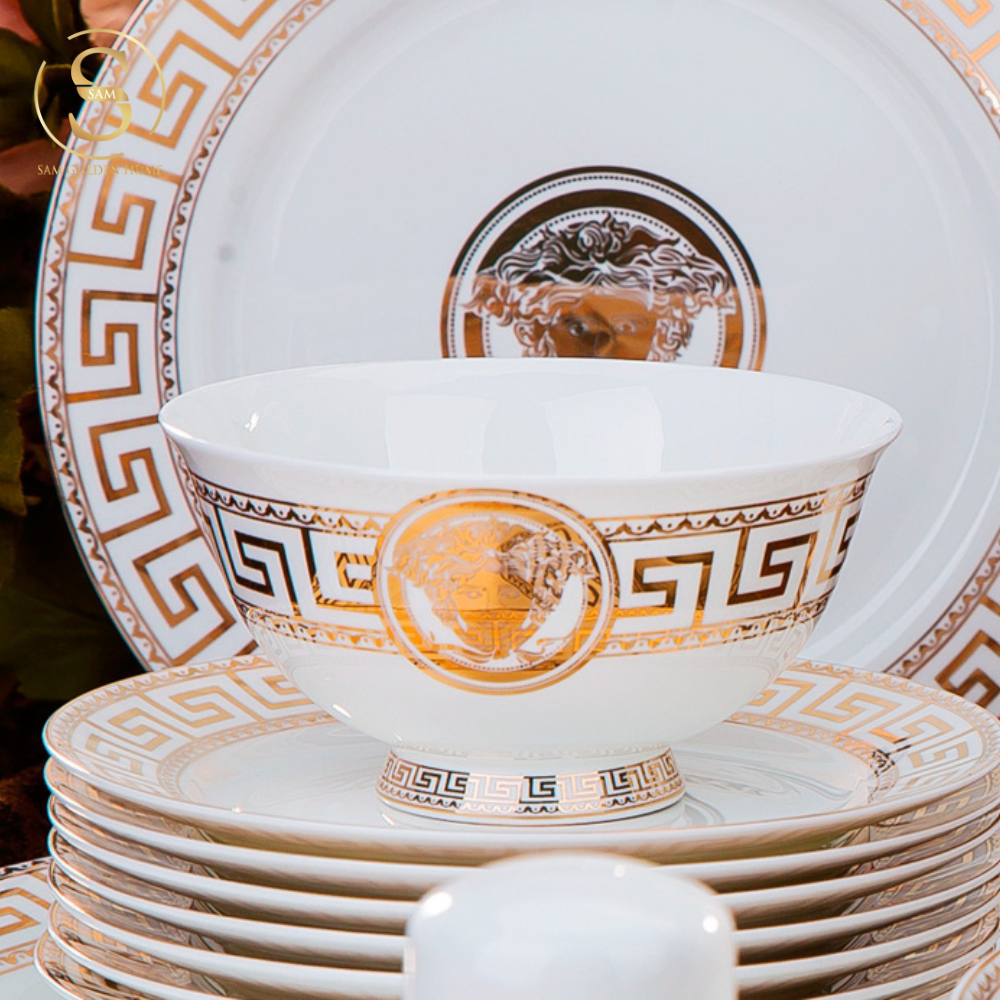 Bộ Tô Chén Đĩa V Luxury Sứ Xương Cao Cấp Viền Vàng Quà Tặng Tân Gia Sang Trọng