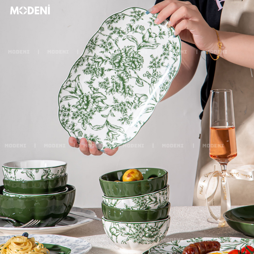 Bộ Chén Đĩa Sứ Trang Men Cao Cấp Farley – Họa Tiết Hoa Lá Trang Nhã – Dành Cho Bàn Ăn Hiện Đại, Tiếp Khách Và Quà Tặng Sang Trọng