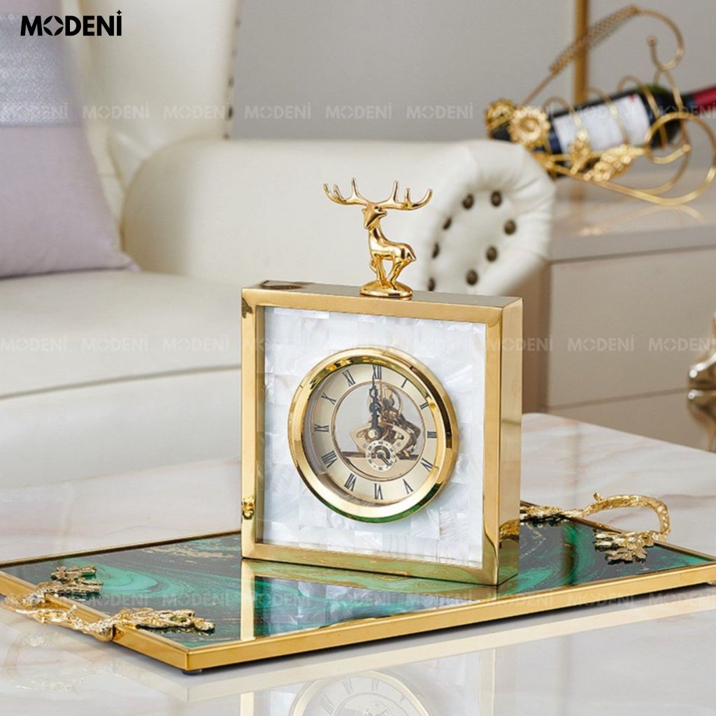 Tượng Goldie Decor Hiện Đại – Đồng Hồ Cơ Lộ Máy Mặt Xà Cừ – Trang Trí Bàn Làm Việc & Kệ Sách Phong Cách Nghệ Thuật