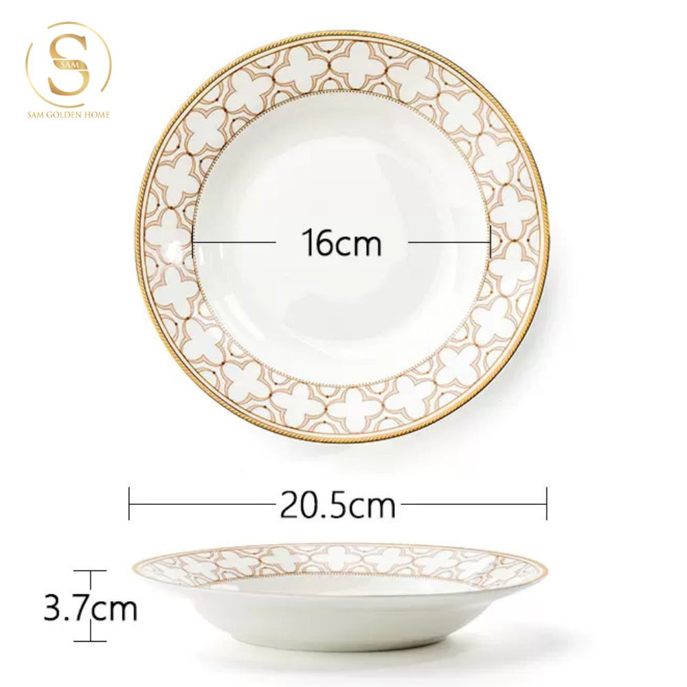Chén Bát Đĩa Lẻ Món Sứ Xương Trefoil Cao Cấp Viền Vàng Sang Trọng Kiểu Âu Thời Thượng Quà Tặng Tân Gia