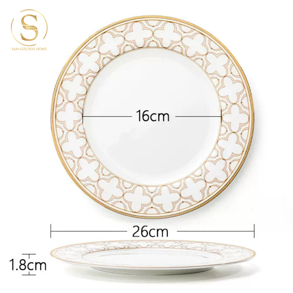 Chén Bát Đĩa Lẻ Món Sứ Xương Trefoil Cao Cấp Viền Vàng Sang Trọng Kiểu Âu Thời Thượng Quà Tặng Tân Gia
