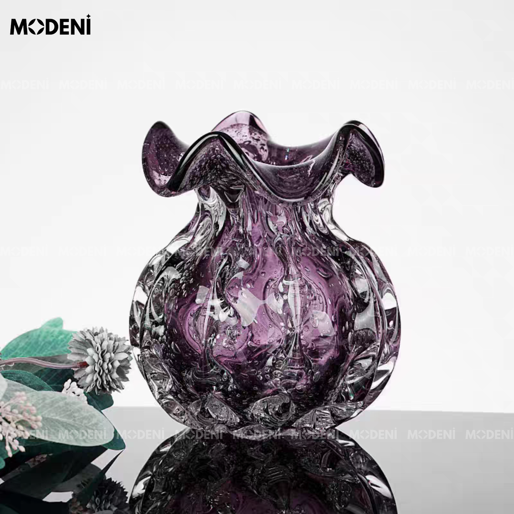Bình Hoa Thủy Tinh Marano Amethyst Cao Cấp – Hiệu Ứng Đá Quý Tím Khói – Thiết Kế Gợn Sóng Nghệ Thuật Phù Hợp Decor Kệ Tủ Bàn Console