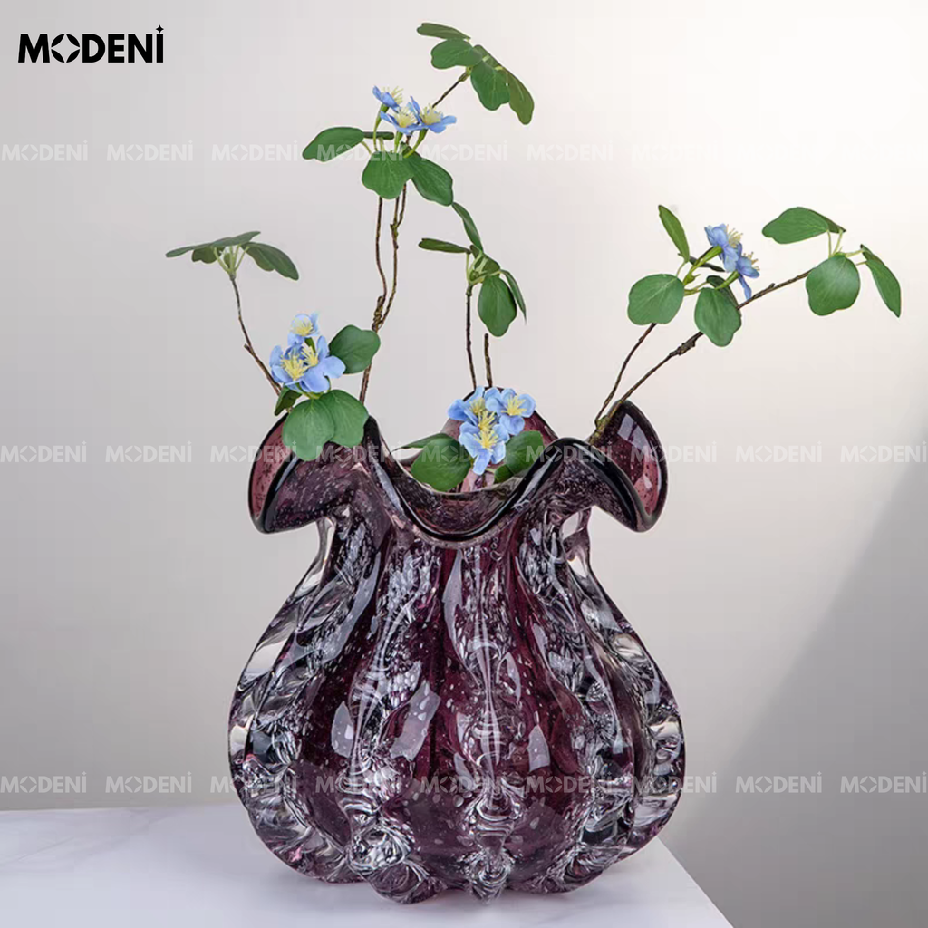 Bình Hoa Thủy Tinh Marano Amethyst Cao Cấp – Hiệu Ứng Đá Quý Tím Khói – Thiết Kế Gợn Sóng Nghệ Thuật Phù Hợp Decor Kệ Tủ Bàn Console
