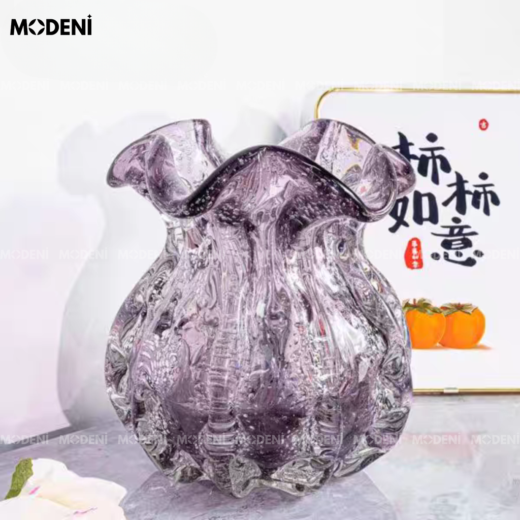 Bình Hoa Thủy Tinh Marano Amethyst Cao Cấp – Hiệu Ứng Đá Quý Tím Khói – Thiết Kế Gợn Sóng Nghệ Thuật Phù Hợp Decor Kệ Tủ Bàn Console