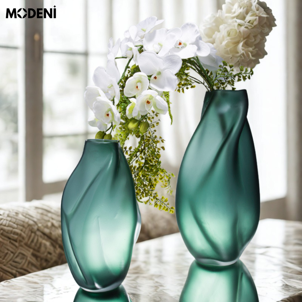 Bình Hoa Mirage Green Thủy Tinh Nghệ Thuật Cao Cấp – Dáng Lượn Hiện Đại, Decor Phòng Khách Biệt Thự