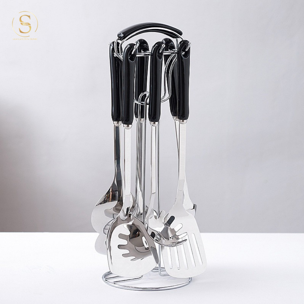 Bộ Muôi Vá Cao Cấp 7 Món Alma Silver Siêu Bền Cán Đen Sang Trọng Hiện Đại Kèm Giá Đỡ