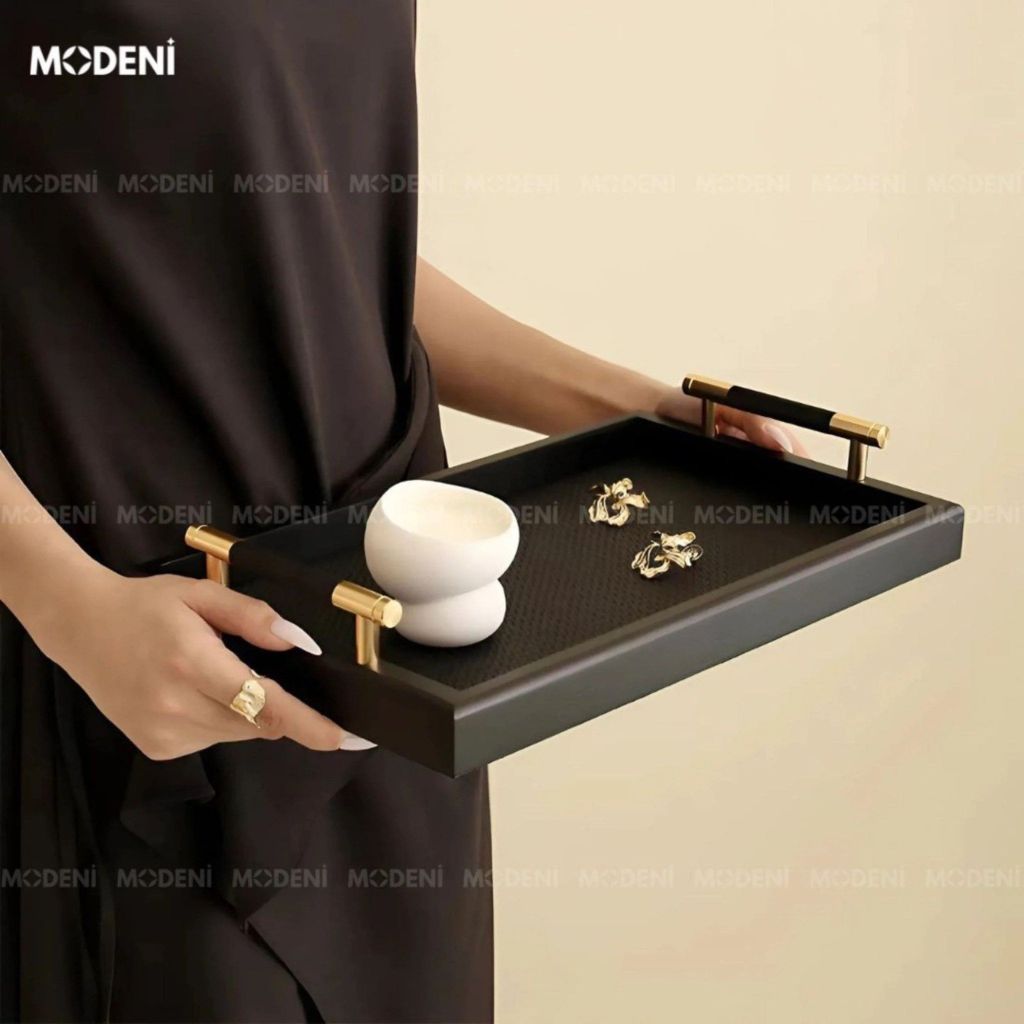 Khay Trang Trí Đen Blacky cao cấp – Tay cầm kim loại, phong cách hiện đại