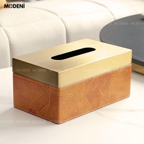 Hộp khăn giấy Tangeri da nhân tạo vân nổi màu vàng cam phối kim loại champagne gold sang trọng.