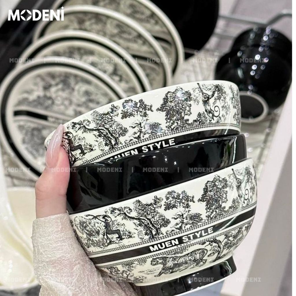 Bộ Chén Đĩa Sứ Trắng Đen Cao Cấp Dioria Nghệ Thuật In Chìm – Phong Cách Cổ Điển Đậm Chất Âu – Phù Hợp Bàn Ăn Gia Đình & Quà Tặng Sang Trọng