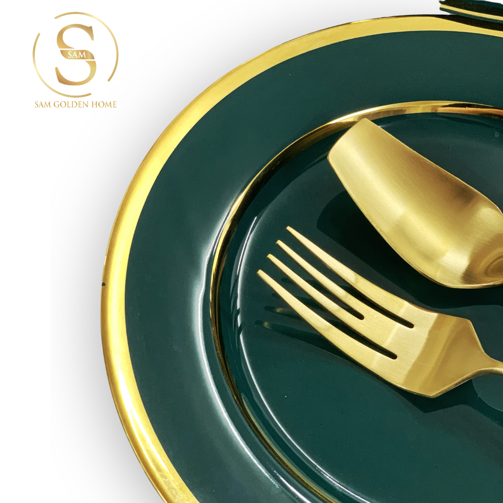Bộ Tô Chén Đĩa Viền Vàng Nortylis Màu Xanh Emerald Gốm Sứ Cao Cấp Phong Cách Hiện Đại Châu Âu Quà Tặng Tân Gia