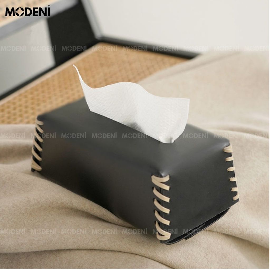 Hộp Khăn Giấy Da Nomi Cao Cấp – Thiết Kế Đen Phối Dây Khâu Thủ Công – Decor Bàn Sofa, Làm Việc, Nhà Ở Hiện Đại