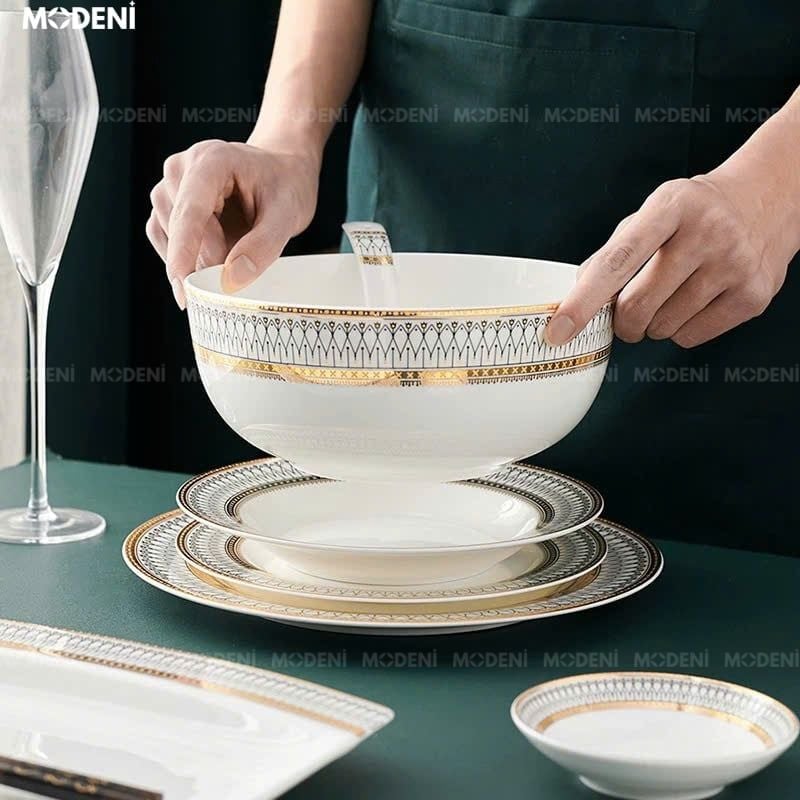 Bộ chén đĩa Aura sứ cao cấp 43 món – họa tiết viền vàng đen tinh xảo – dùng được lò vi sóng, bàn ăn hiện đại
