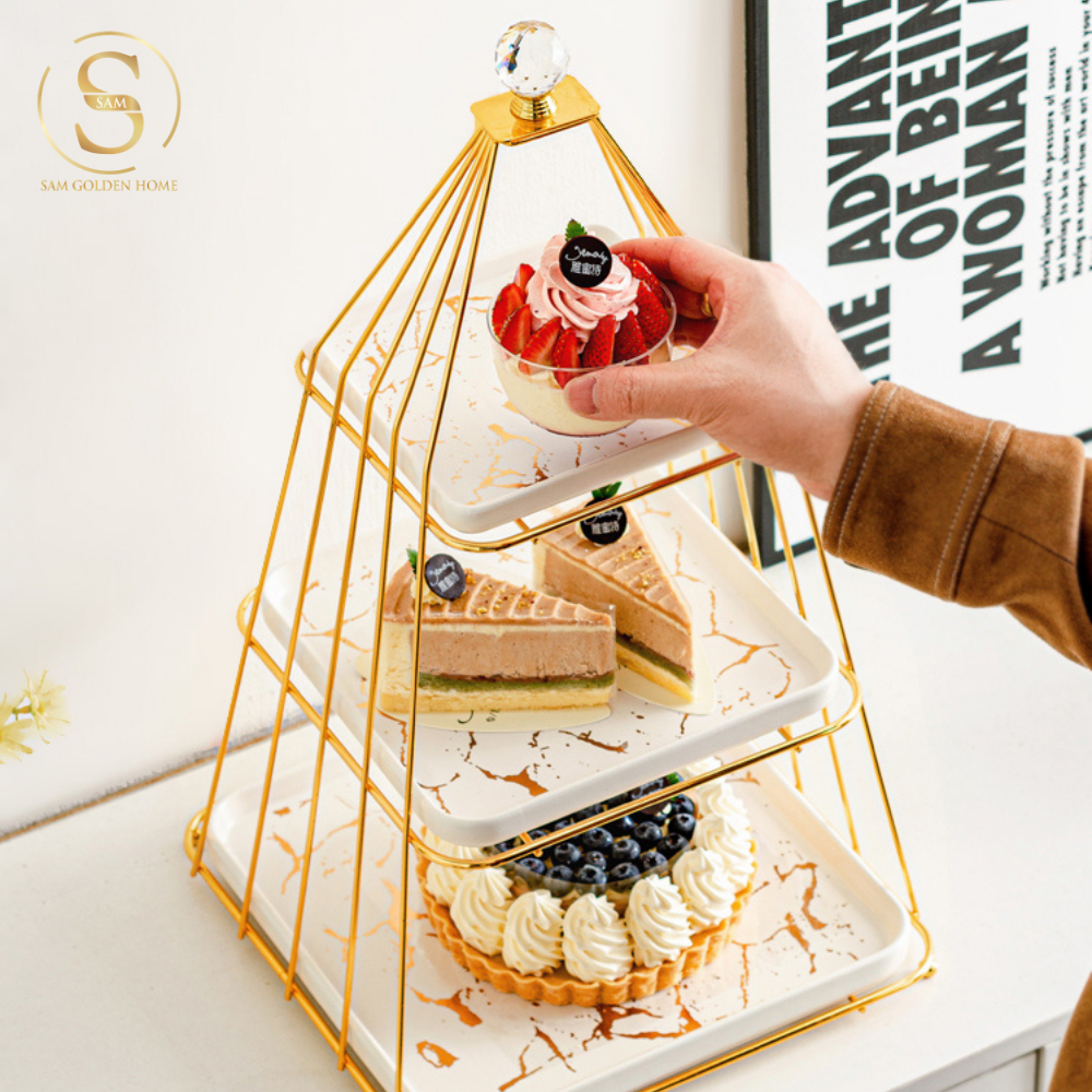 Khay 3 Tầng Bondine – Khung Vàng Đĩa Trắng Marble Sang Trọng, Decor Tiệc Trà Châu Âu